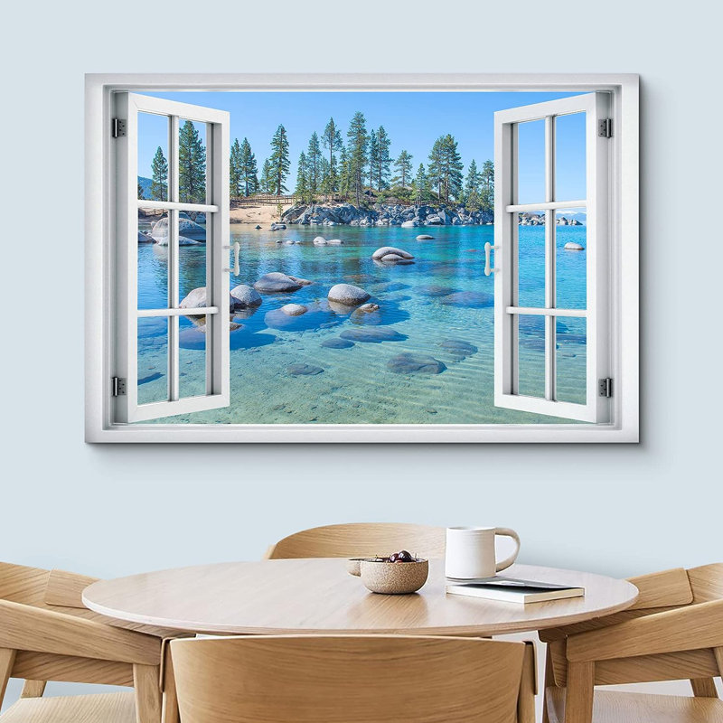 «Window View Vibrant Neon Mountain Forest Rock Lake Wilderness Nature», reproduction sur toile, H 12 po x l 18 po x P 1,5 po