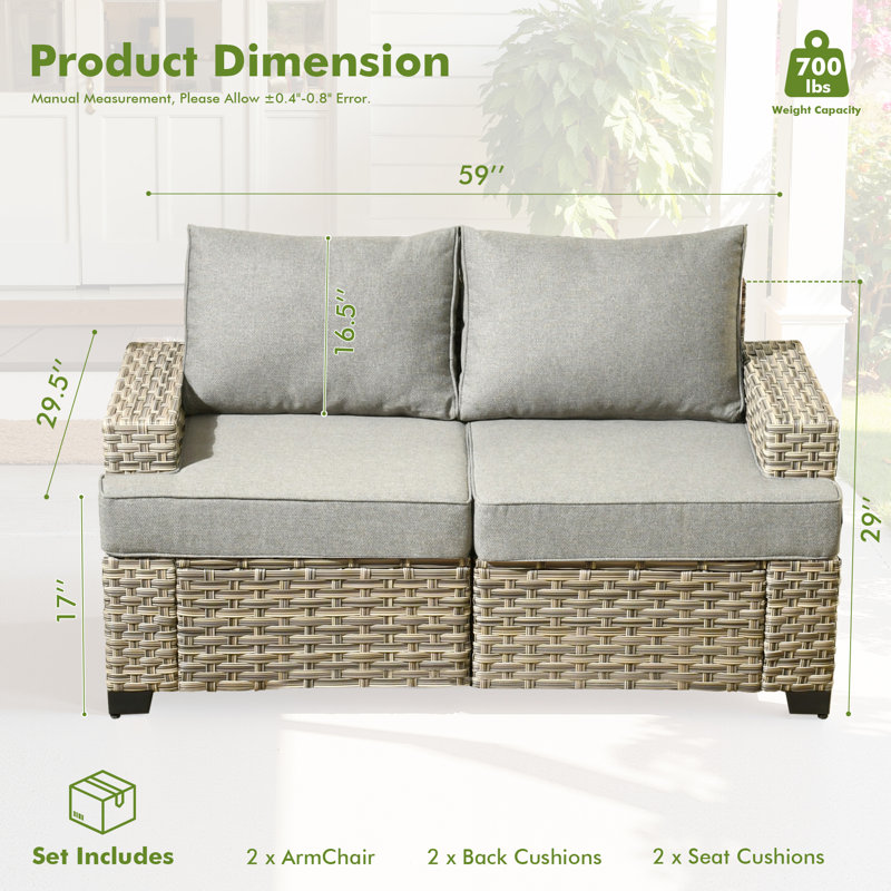 Outdoor All-Weather Wicker Sectional Loveseat Sofa With Cushions, Dark Gray