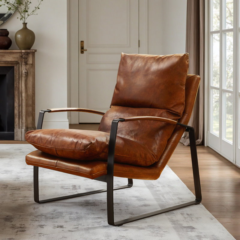 Zawacki 25.5" W Genuine Leather Lounge Armchair, Black, Zawacki Dark Brown Genuine Leather