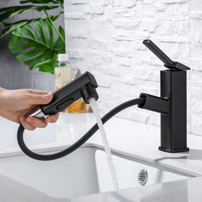 Modern Single Hole Pull-Out Bathroom Faucet With 3 Spray Modes And Fountain Spout (Matte Black)