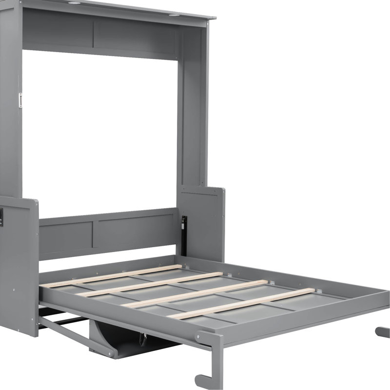Grand lit avec bureau, gris, lumières à DEL, charge, mur peu encombrant pour le bureau à domicile, lattes de qualité, double titre de piston