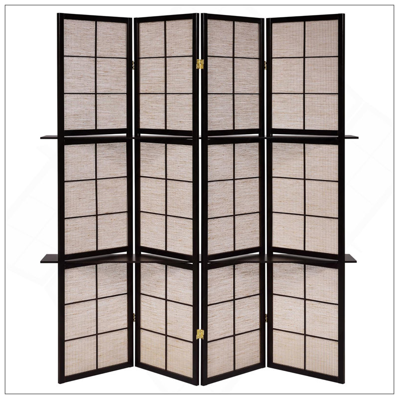 Tan And Cappuccino 4-Panel Folding Screen With Versatile Configurations And Built-In Shelving For Enhanced Storage And Display
