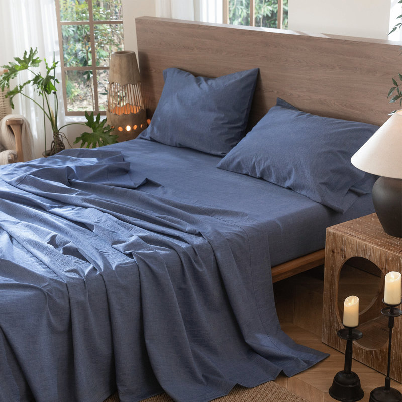 Drap plat 100% coton lavé MooMee, Bleu denim, Drap plat grand
