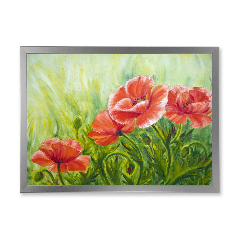 «Red Blossoming Poppies III», peinture sur toile, H 12 po x l 20 po x P 1,5 po, Toile encadrée argentée