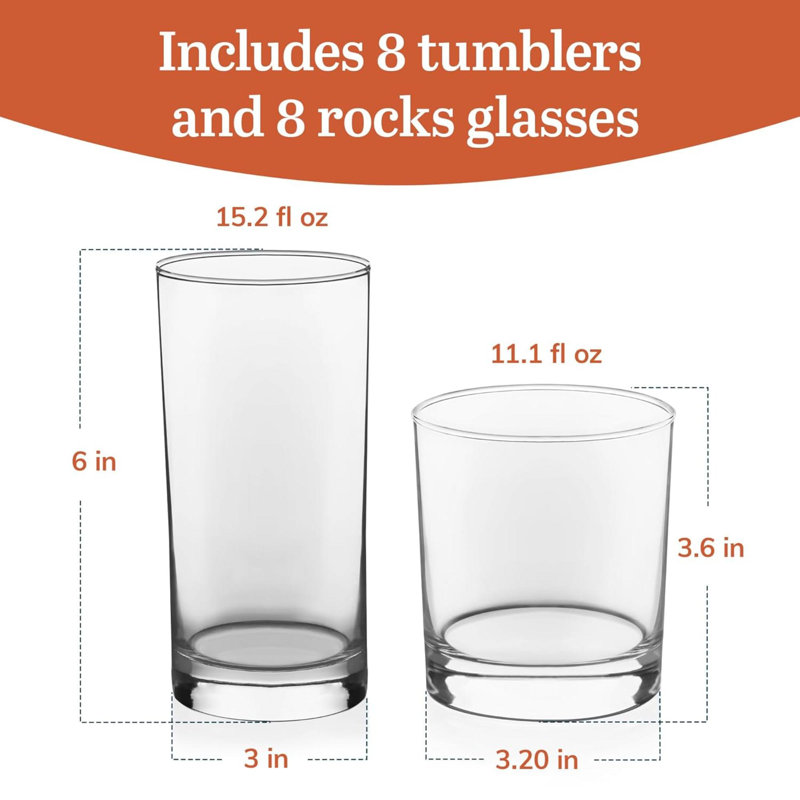Ensemble de verres à verres et verres à whisky province, ensemble de verres élégants pour verres, verres à vin hauts avec lignes modernes, ensemble de 16 verres à boire