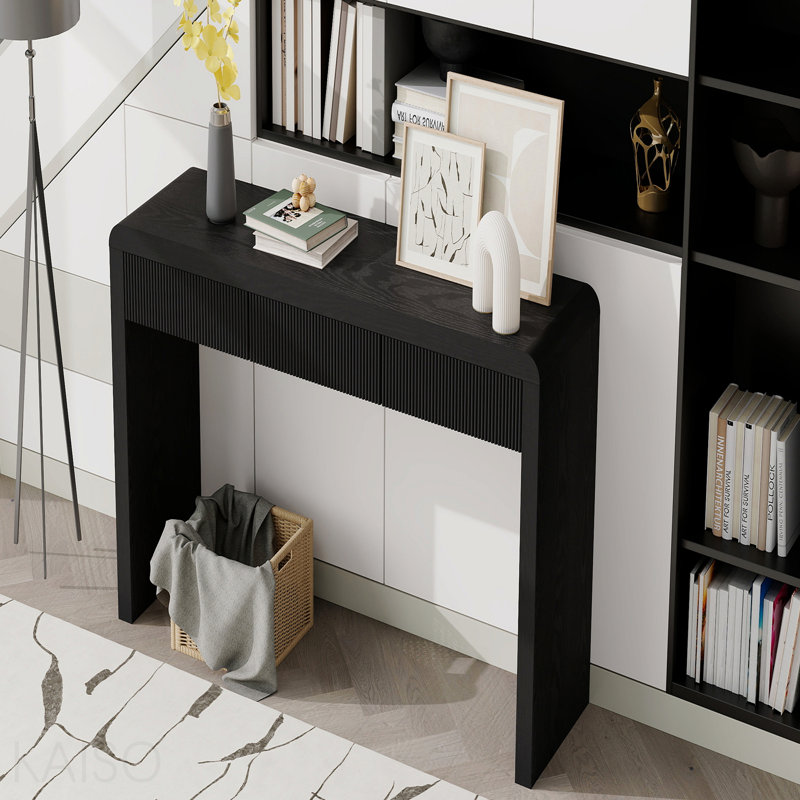 Console rustique, 3 tiroirs cannelés, placage de bois massif pour le salon - noir
