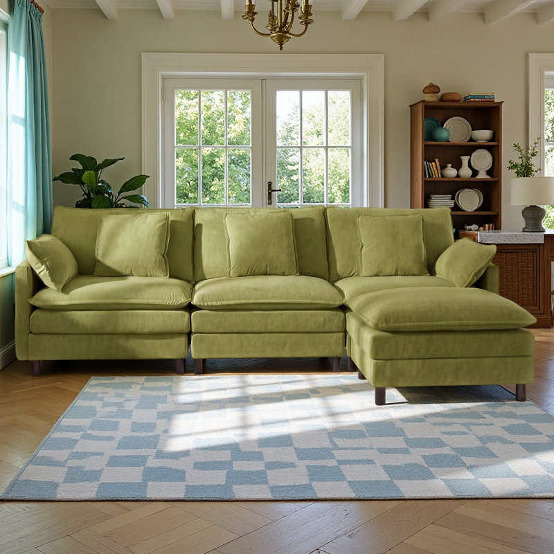 110" 3-Seater Cloud Sectional Sofa With Ottoman In Plush Coral Fleece, Modern Living Room L-Shape Sofa, Green Velvet