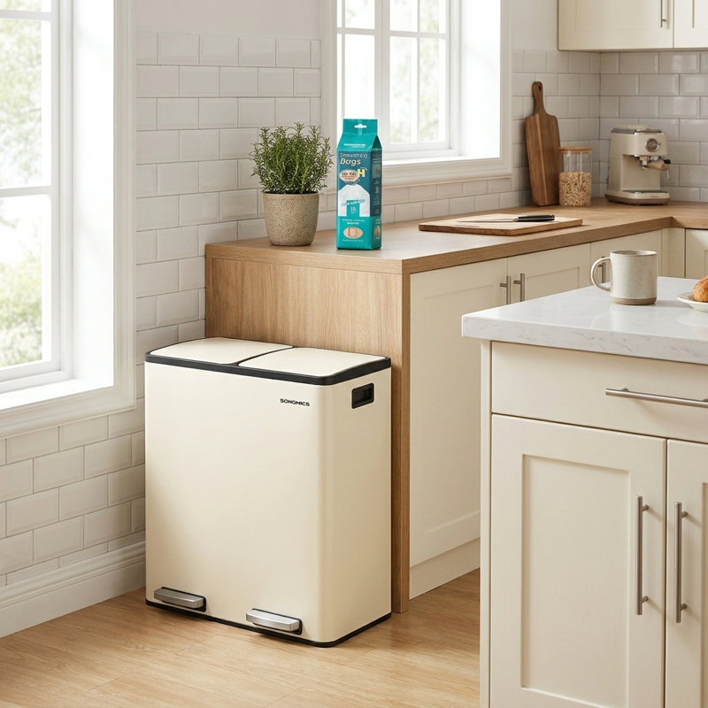 Ensemble de poubelles à double compartiment en acier inoxydable 2 x 8 gallons avec seaux intérieurs et sac poubelle, Beige