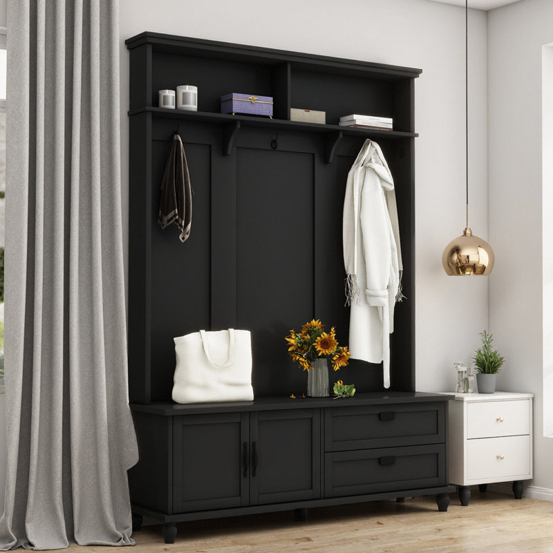 Arbre d'entrée moderne avec 1 armoire et 2 tiroirs surdimensionnés, 5 crochets à manteau et large banc à chaussures en noir élégant