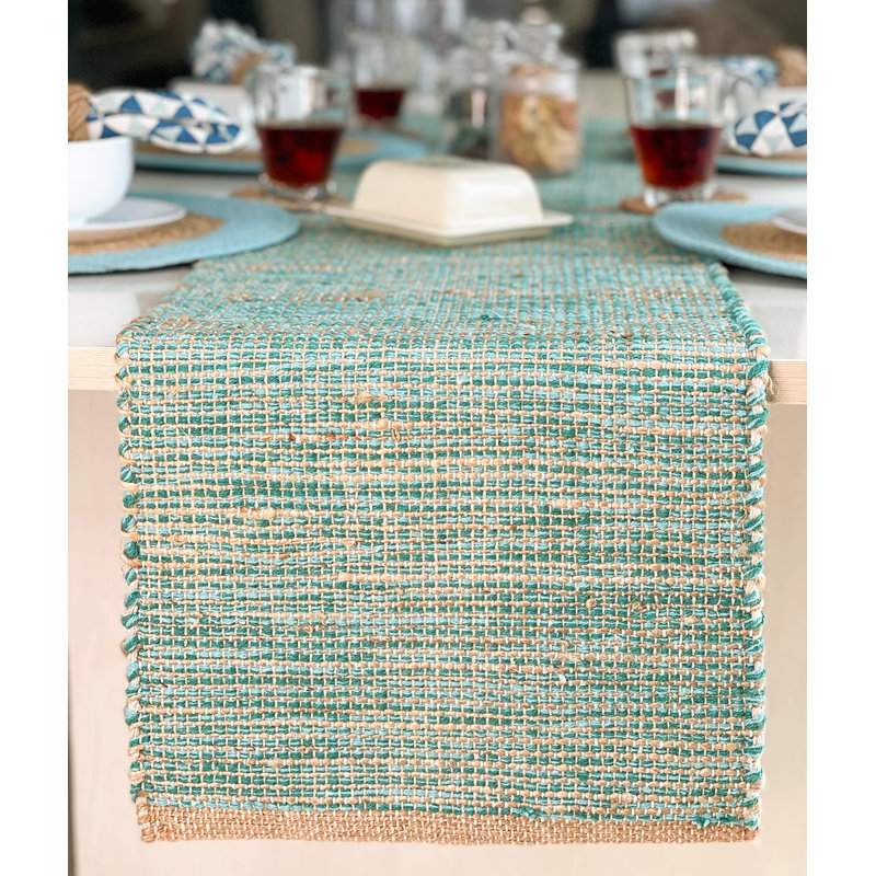 Chemin de table Pingham, 108 po x 13 po, Naturel / turquoise