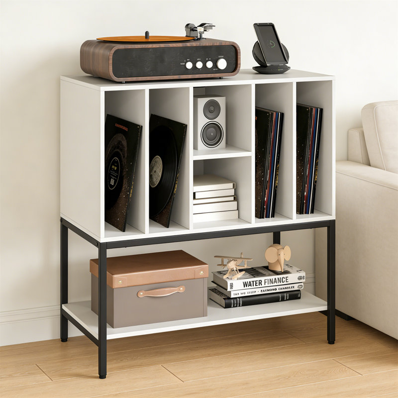 Record Player Stand With Charging Station, Turntable Stand End Sofa Side Table With Open Shelves, Metal Frame Albums Vinyl Record Storage Cabinet Holder For Living Room Bedroom