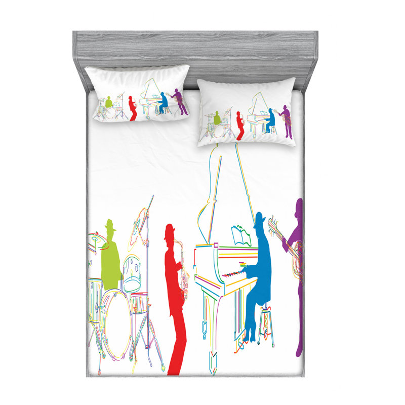 Twin White Microfiber Kids Jazz Band Print Sheet Set