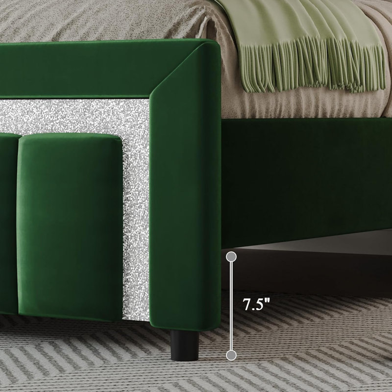 Velvet Upholstered Platform Bed Frame with Vertical stripes Headboard and Footboard and Footboard, Twin, Green