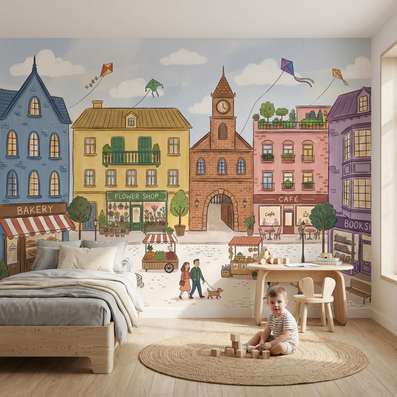 Papier peint carré Town Town, Peler et coller, 200 po x 120 po