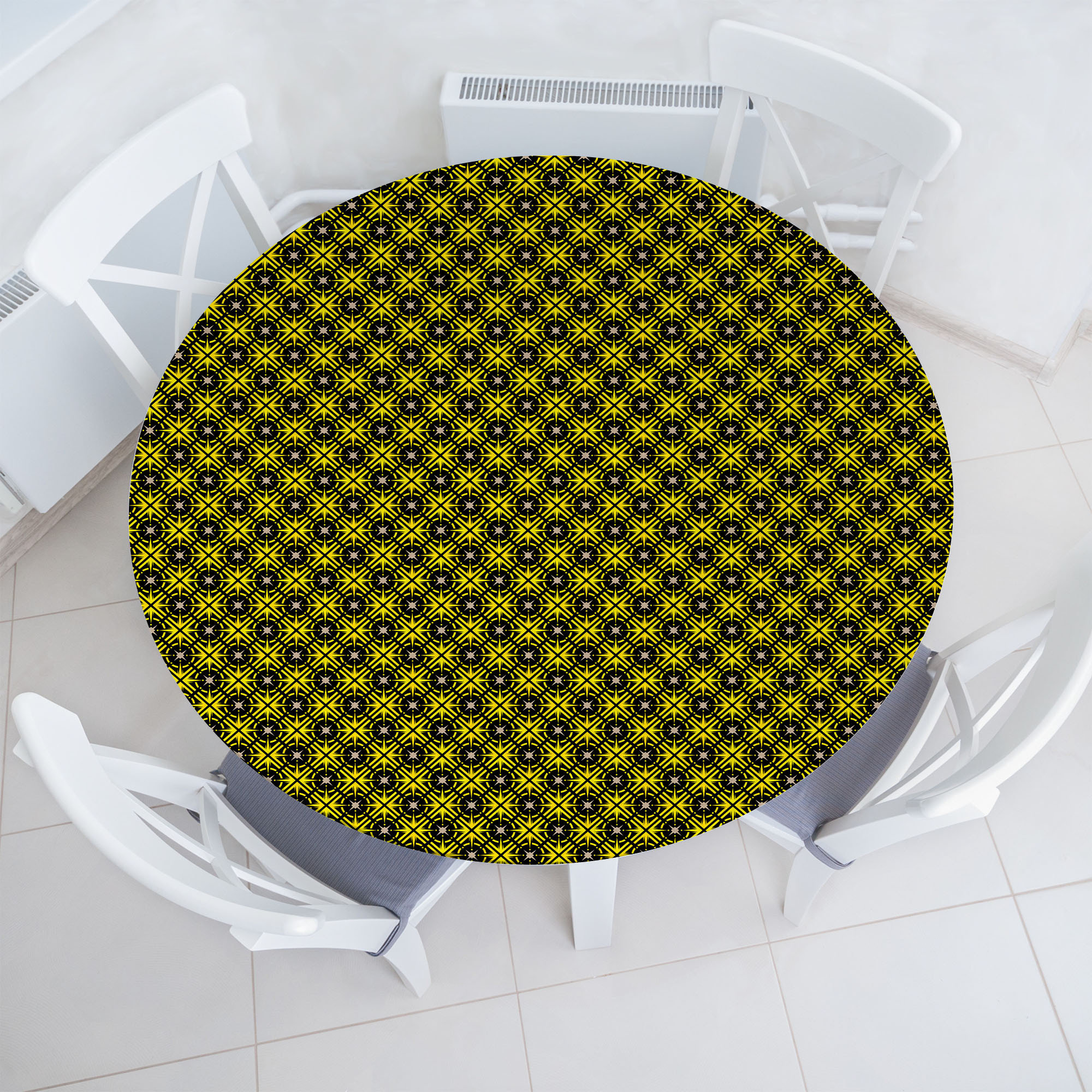 Millwood Pines Retro Fitted Round Tablecloth Yellow Charcoal Grey | Wayfair