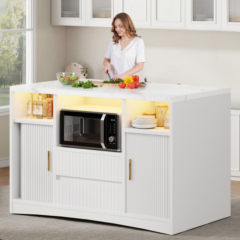 47.2" Kitchen Island with Storage, Power Outlet & LED Lights, White