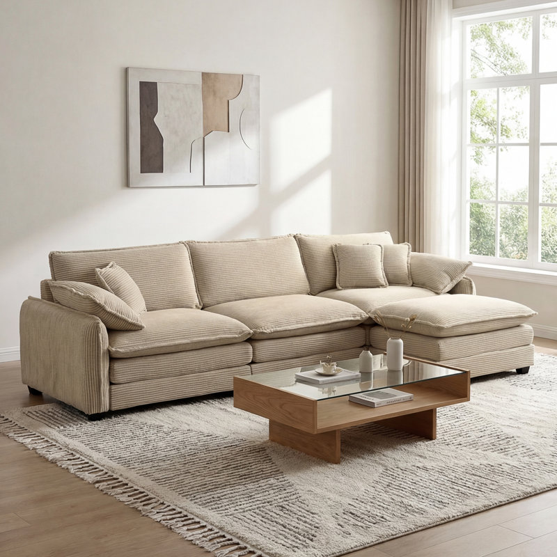 Kaoruko Oversize 3-seater Sofa With One Footrest, L-shaped Sectional Sofa With Ottoman For Living Rooms, Beige Corduroy