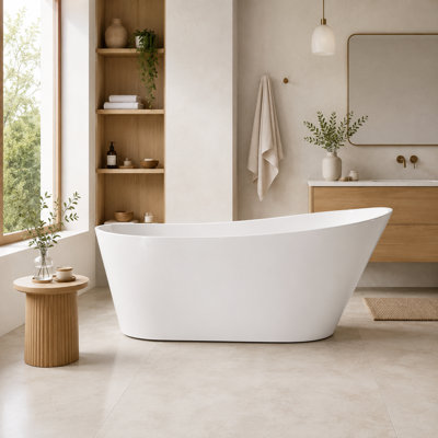 Acrylic Freestanding Soaking Bathtub, Ergonomic High-Back Curved Tub, Multiple Sizes