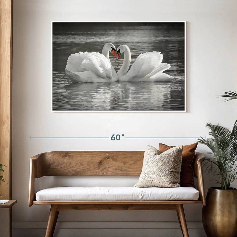 Couple de cygnes amoureux, Cadre flottant blanc, 46 po x 31 po