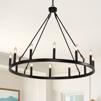 31-inch Black Wagon Wheel Chandelier, 12-light Farmhouse Industrial Round Chandeliers For Living Room Foyer Entryway Dining Room