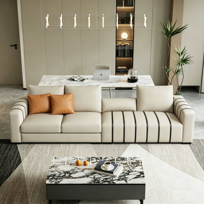 118'' Oversized  Modern 6-Seater Fuax Leather Sofa with Square Armrests, Luxury Upholstered Strip Accent Sofa Couch with Metal Legs for Living Room, Beige White and Black Strip