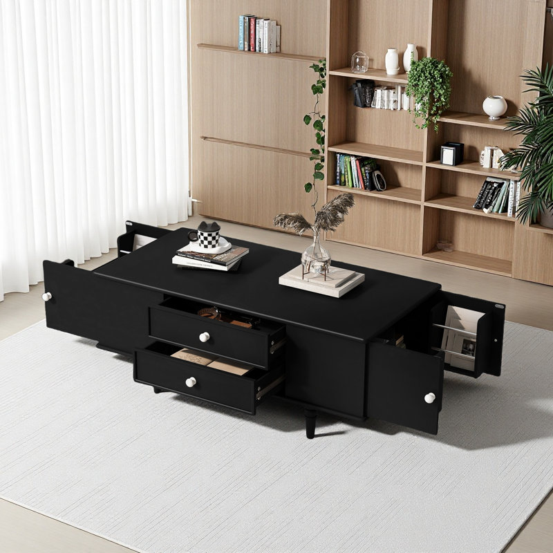 Table basse rectangulaire moderne avec quatre tiroirs, deux compartiments de rangement cachés latéraux, table basse en bois de 47,2 po avec poignées en métal et quatre pieds en bois massif