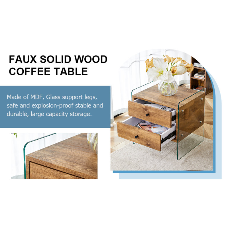 Two-drawer nightstand: mdf surface with stickers, tempered glass sides, elegant design, excellent storage capacity (111 characters)
