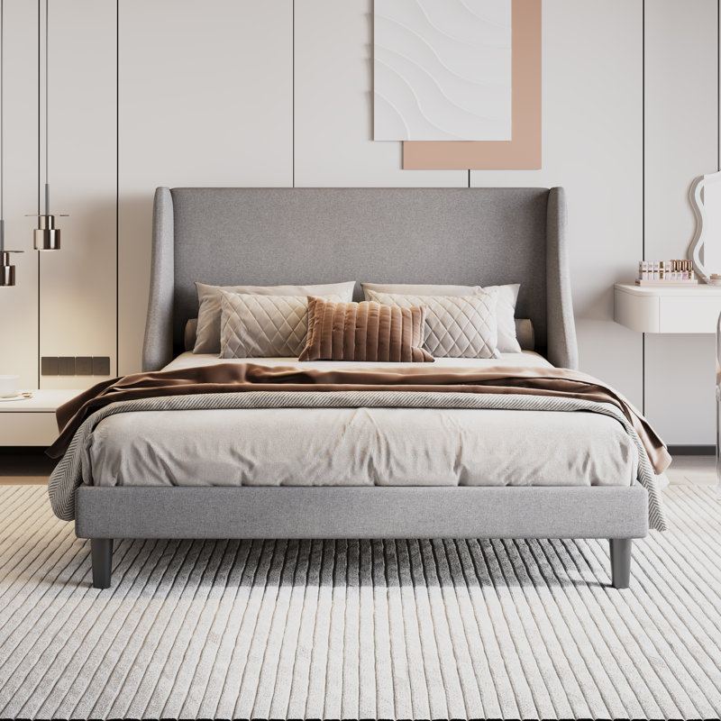 Toderick Upholstered Platform Bed with Deluxe Wingback and Linen Blend, Light Gray, Queen