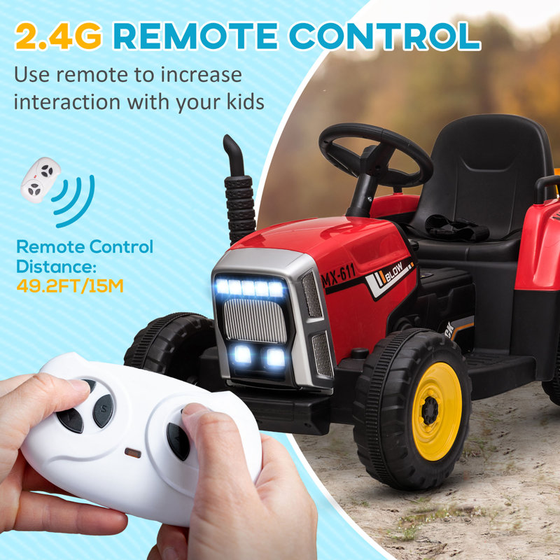 Red 12-Volt Ride-On Tractor with Trailer and LED Lights