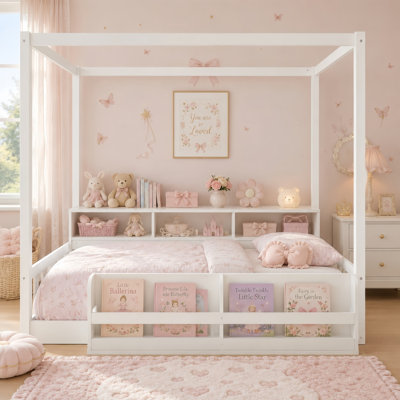 Montessori Floor Bed with Fence & Guardrails, Floor Bed Frame with Built-In Bookshelf and Storage Shelves