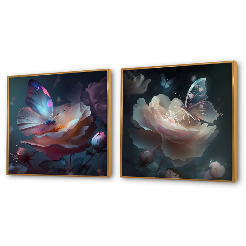 Fleur crème crème avec papillons en fleurs - ensemble de 2 collages floraux carrés, Cadre flottant doré, H 30 po x l 61 po