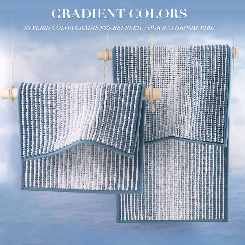 Slip‑Resistant Fluffy Water‑Absorbing Washable Bath Mats, Fog Blue, 24" x 70" Plus 20" x 32"