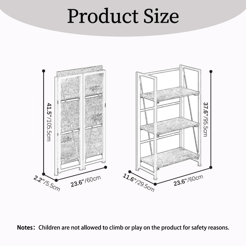 Folding Bookcase, 3 Tiers Vintage Storage Shelves Standing Bookshelf For Home Office, No Assembly, Natural/White