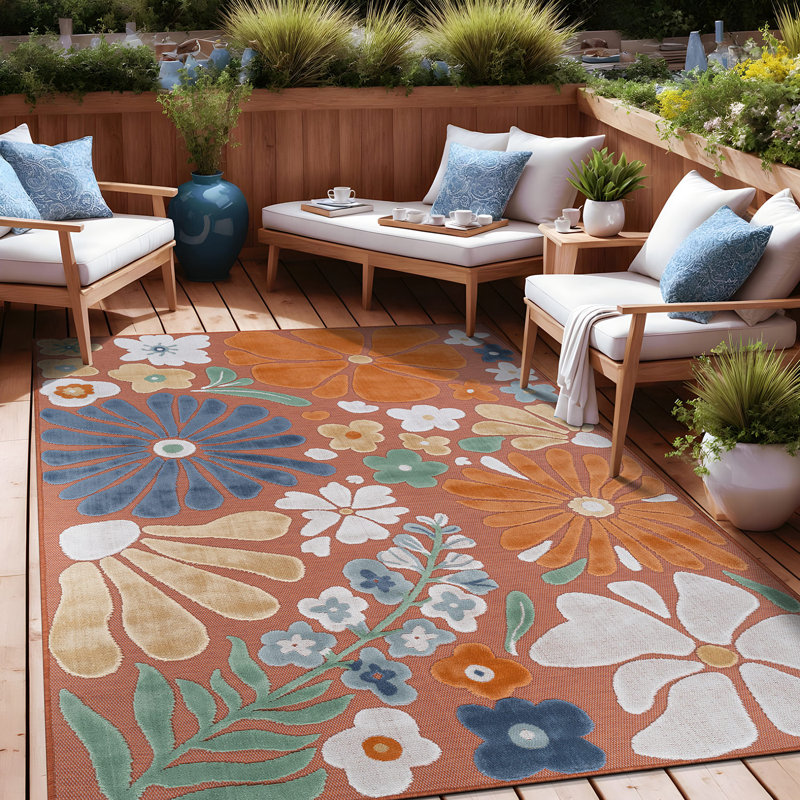 Tapis floral d'intérieur pour l'extérieur, Orange, Rectangle 4' x 6'