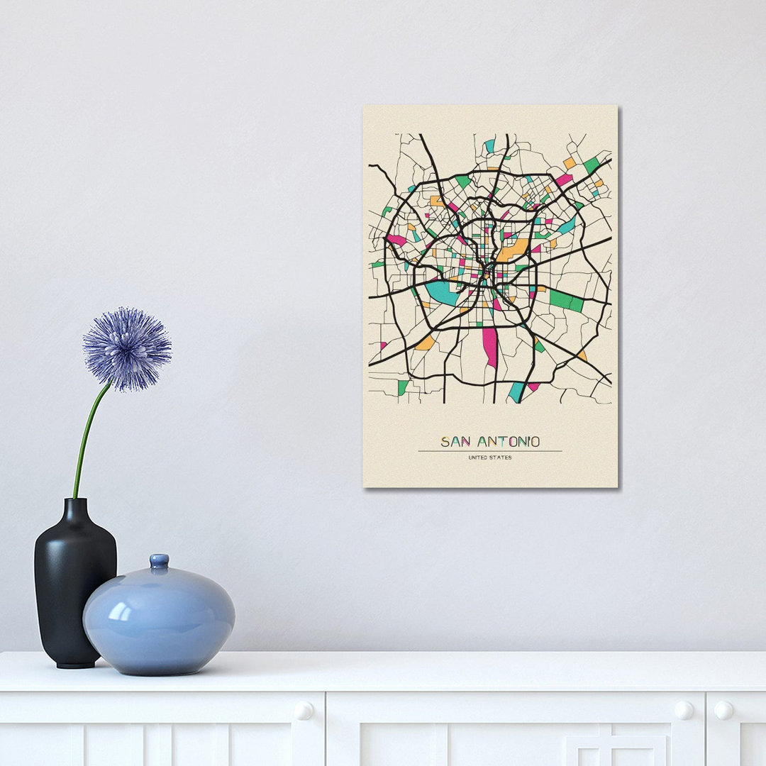 San Antonio, Texas Map by Ayse Deniz Akerman - Wrapped Canvas Print