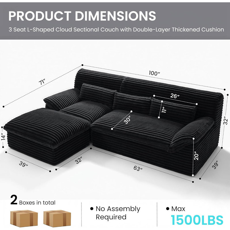 100" L-Shaped Cloud Sectional Couch With Double-Layer Thickened Deep Seat，Zero Assembly Plush Corduroy For Living Room, Black