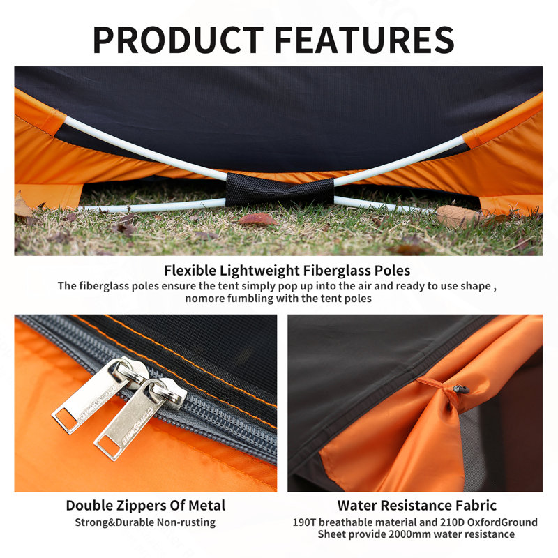 Tente de camping 2 personnes Pop Up, Noir / Orange