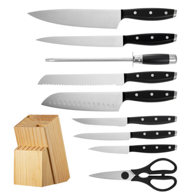 Kitchen Knife Set with Block and Sharpener, 15 Piece High Carbon Stainless Steel Sharp Knife Set, Kitchen Cutlery with Ergonomic Handle, Sharpening Rod and Premium Wooden Block, for Home Cooks