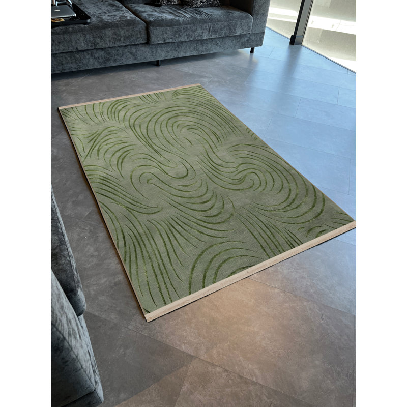 Tapis décoratif moderne à motif de spirale ondulée vert, Rectangle 4 pi 11 po x 7 pi 7 po