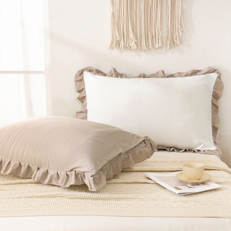 Taupe Pillow Shams and Taupe Reversible Pillowcases Cute Pillow Cover Set of 2 Soft Ruffled Pillowcases 2 Pack, White/Taupe
