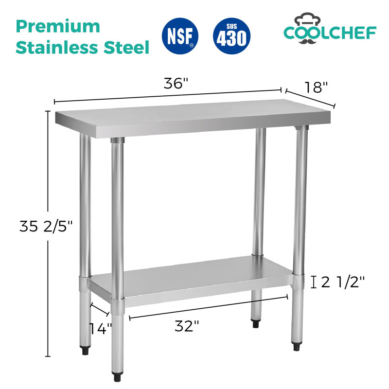 Table de travail commerciale en acier inoxydable, H 35,4 po x L 36 po x l 18 po