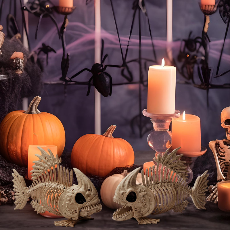 2 PCS 9.5 Halloween Poseable Fish Skeleton Decor, Animal Plastic Bones with Posable Joints for Halloween Indoor Outdoor Decorations Party Props, Yard Patio Lawn Garden Props Decor