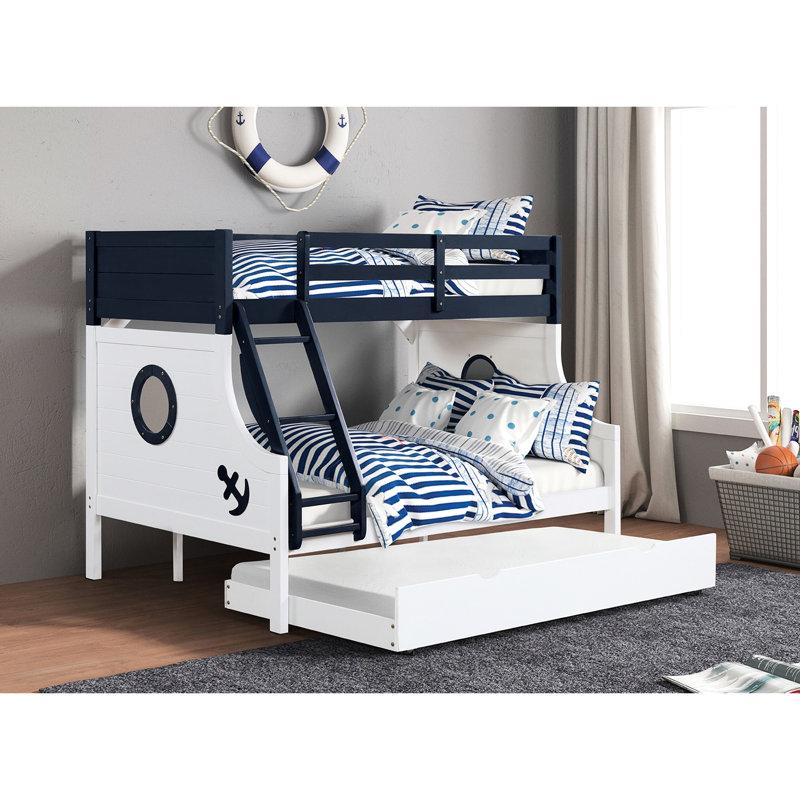 Lit superposé simple au-dessus d'un lit double moderne avec finition bleu / blanc, rails, attaché, lit gigogne, bois massif avec bleu / blanc, joint de verrouillage et d'ingénierie