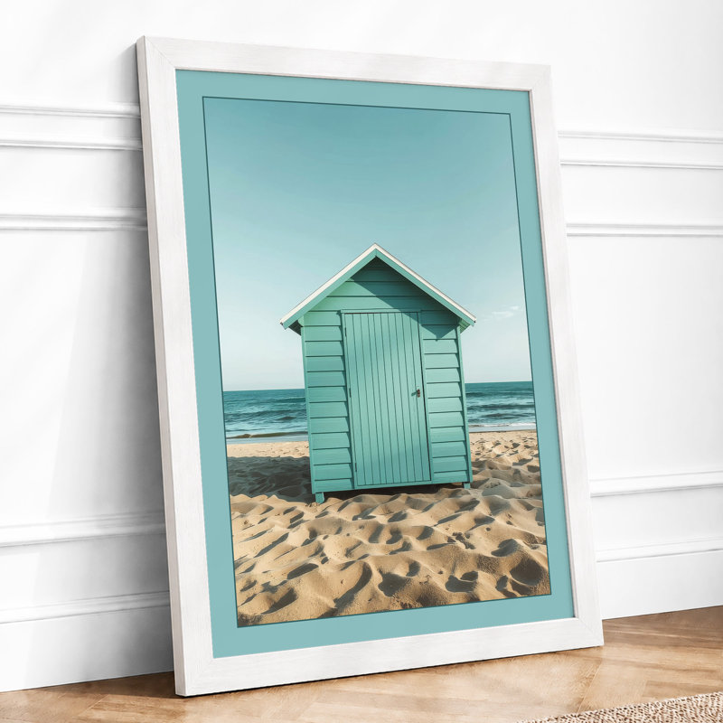 Turquoise Beach Hut Coastal - Framed Print, A4 - 29.7 x 21.0 cm, White