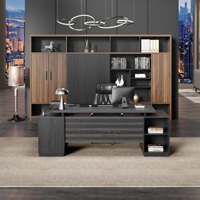 Grand bureau de direction en L de 78 pouces avec prise de courant, classeur latéral à tiroir, table d'ordinateur moderne avec tablette ouverte et armoire de rangement pour bureau à domicile, brun noir