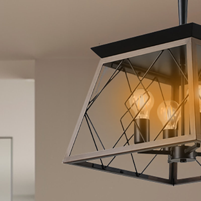4-light Square Farmhouse Chandelier With Wrought Iron Accents, Walnut