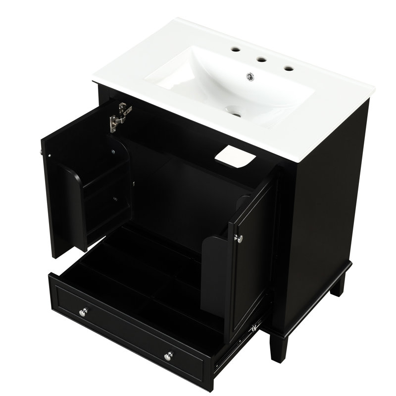 Meuble-lavabo de 30 po avec lavabo en céramique et structure en bois massif avec lavabo, tablette ajustable et tiroir noir