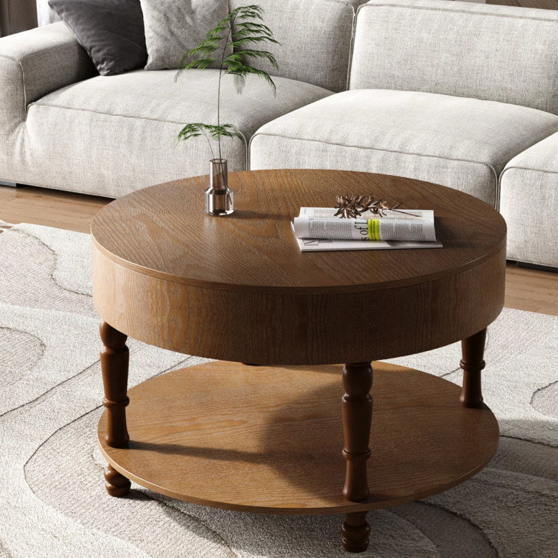 Table basse de salon, forme ronde de 31,5 po, double fonction de rangement, compartiment caché, base, glissières réglables, assemblage facile, noyer laqué