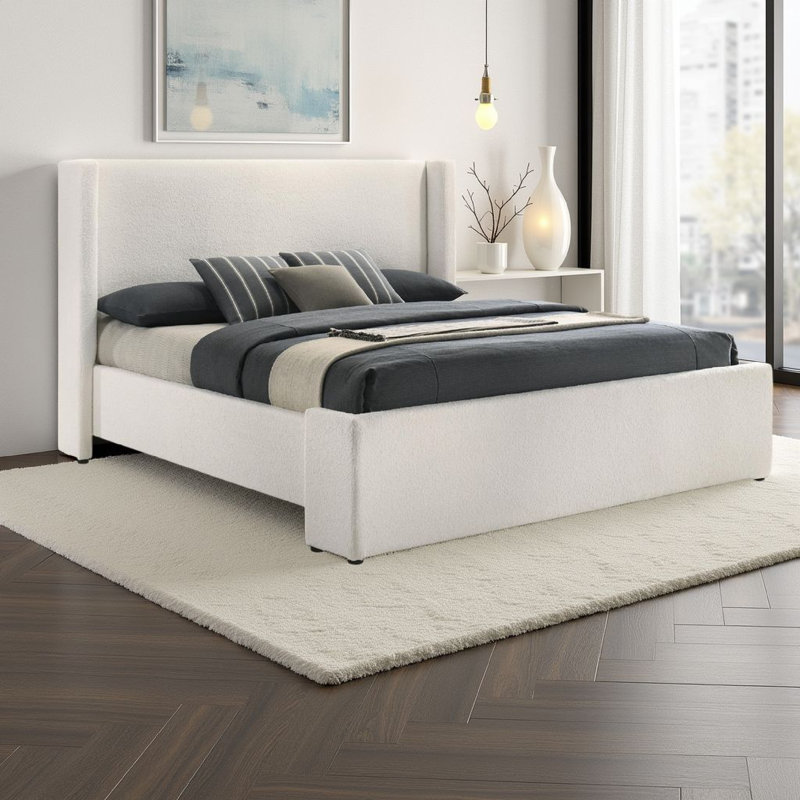 Boucle Upholstered Wingback Platform Bed, King, White