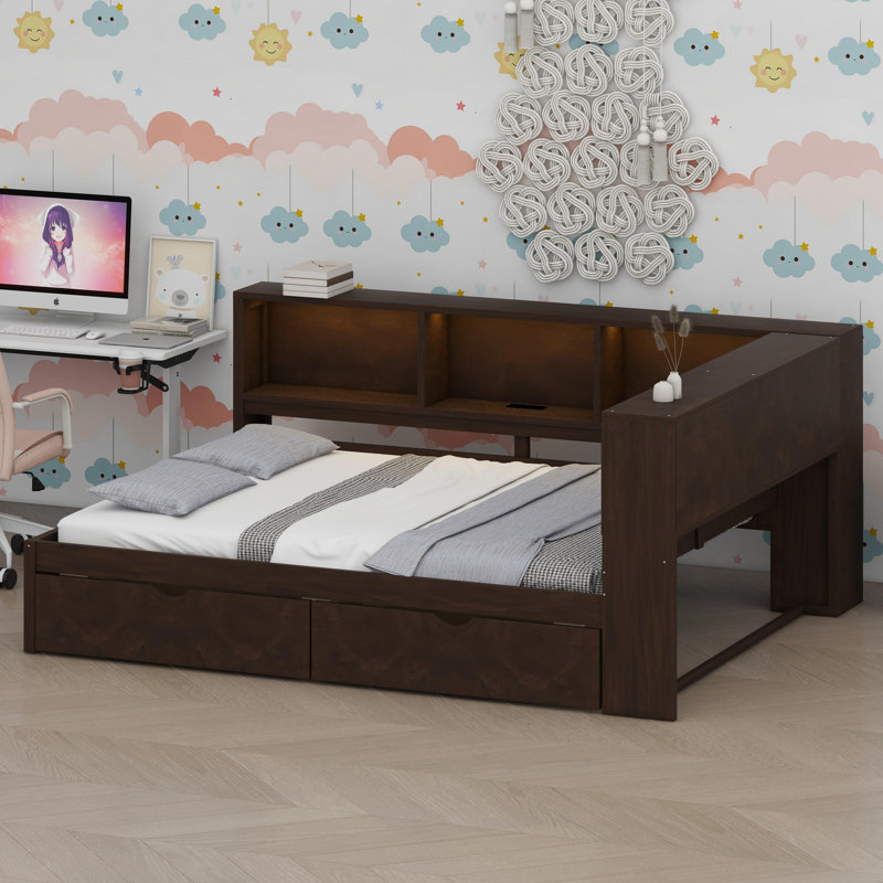 Structure de lit de jour multifonctionnelle avec tablettes intégrées, tiroirs et connectivité USB, Brun